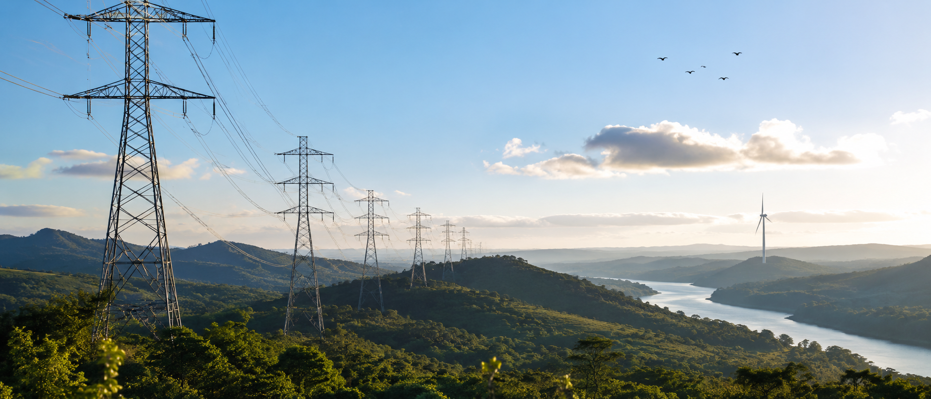 Linhas de transmissão atravessando um vale com rio e vegetação nativa ao amanhecer, com aerogerador ao fundo